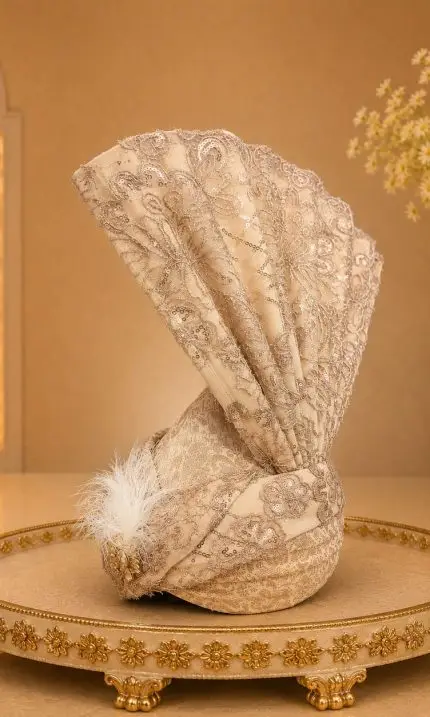Make your wedding day unforgettable with this Luxury Champagne Embroidered Groom Turban, designed for grooms who appreciate elegance and royal tradition