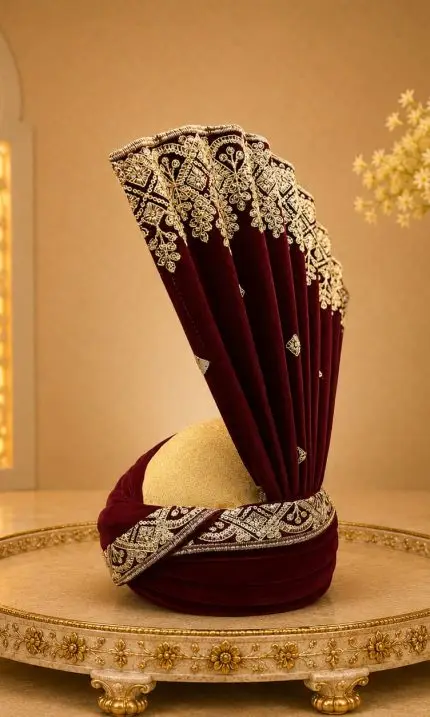 Make your wedding day unforgettable with this Luxury Maroon Velvet Groom Turban, crafted for grooms who appreciate elegance and tradition.
