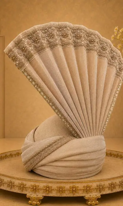 Make your wedding day unforgettable with this Luxury Ivory Groom Turban, designed for grooms who appreciate timeless elegance and royal craftsmanship.