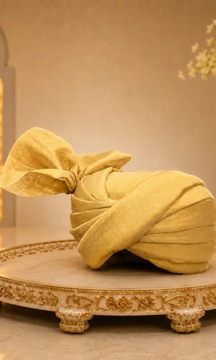 Add a touch of royal elegance to your special day with our Luxury Golden Royal Turban, crafted for the modern groom who desires a majestic and sophisticated look.