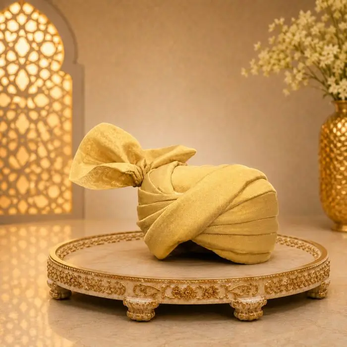 Luxury Golden Royal Turban – Premium Groom Collection Add a touch of royal elegance to your special day with our Luxury Golden Royal Turban, crafted for the modern groom who desires a majestic and sophisticated look.