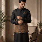 Men wearing a black tropical fabric waistcoat with intricate gold computer embroidery, styled over a black kurta for weddings and formal occasions.
