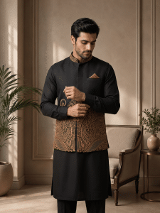 Men wearing a black tropical fabric waistcoat with intricate gold computer embroidery, styled over a black kurta for weddings and formal occasions.