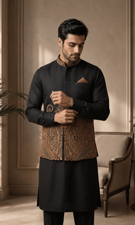 Men wearing a black tropical fabric waistcoat with intricate gold computer embroidery, styled over a black kurta for weddings and formal occasions.