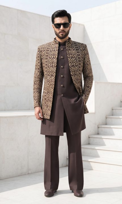 Make a lasting impression with our Luxury Brown Jacquard Short Sherwani Three Piece Suit. Featuring an intricately woven jacquard short sherwani