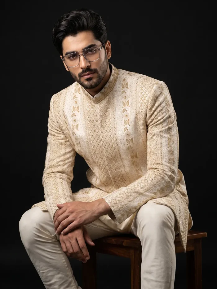 Skin Digital Thread Embroidered Sherwani Premium Handmade Designer Groom Wear 2026 - Image 2