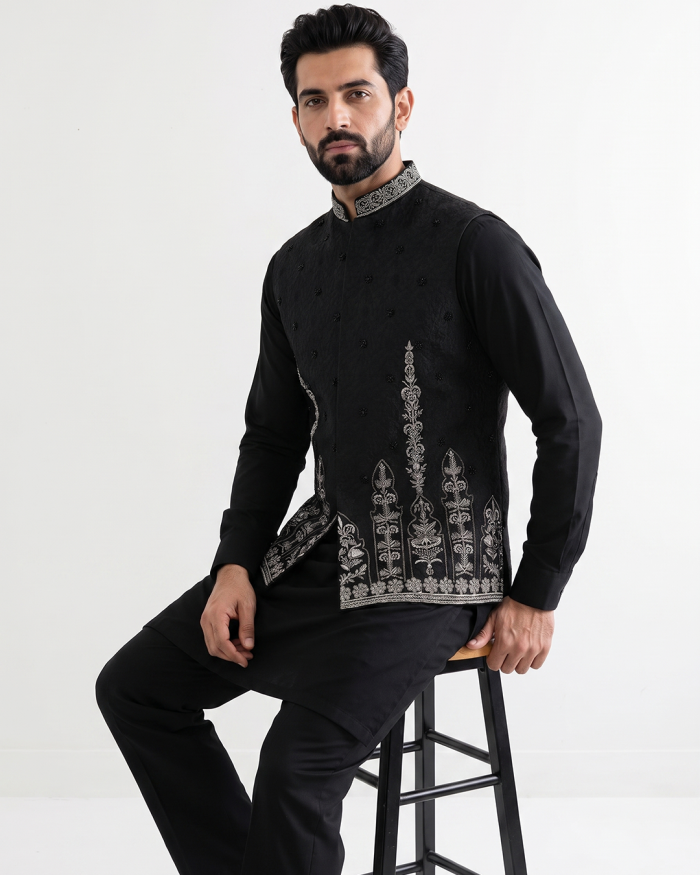 Black Jamawar Waistcoat – Luxury Handmade Embroidered Men's Waistcoat(W-23) - Image 5