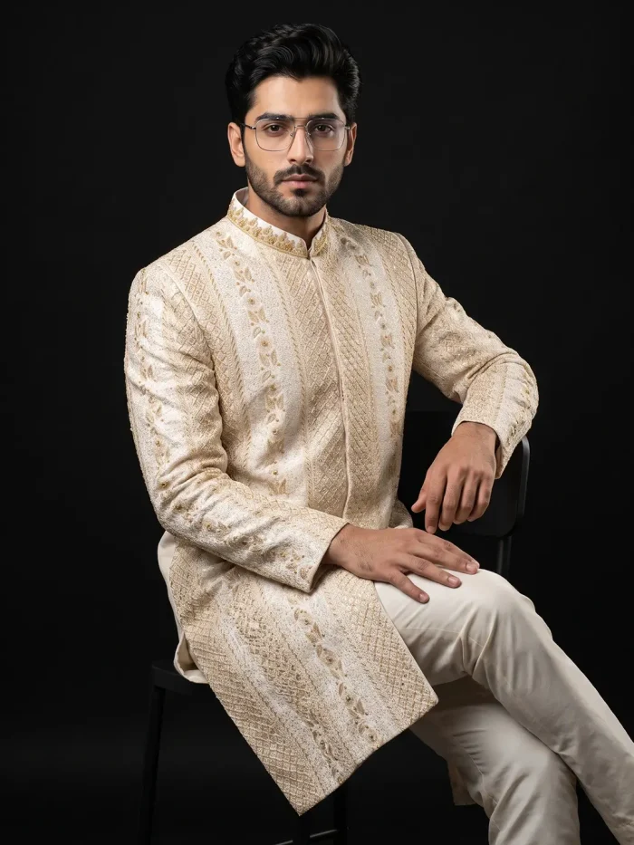 Skin Digital Thread Embroidered Sherwani Premium Handmade Designer Groom Wear 2026 - Image 3