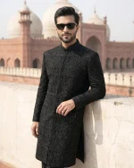 Velvet Sherwani Luxury Black Handmade Embroidered Wedding Wear(S-02) - Image 2