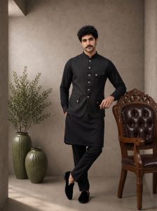 Black Tropical Fabric Waistcoat for Men with Textured Design and Mandarin Collar