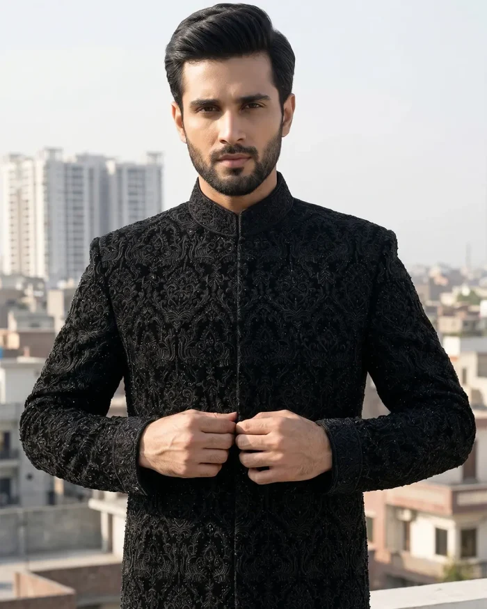 Velvet Sherwani Luxury Black Handmade Embroidered Wedding Wear(S-02) - Image 3