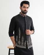 Black Jamawar Waistcoat – Luxury Handmade Embroidered Men's Waistcoat(W-23) - Image 6