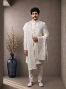 Make a timeless statement on your special day with this Premium Ivory Velvet Sherwani, crafted for modern grooms who appreciate elegance and fine craftsmanship