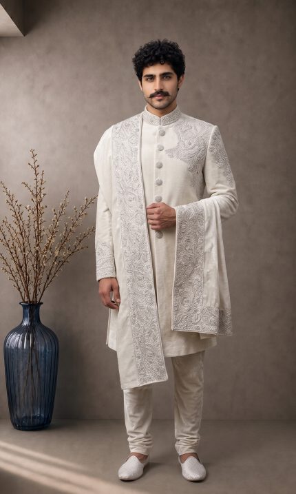Make a timeless statement on your special day with this Premium Ivory Velvet Sherwani, crafted for modern grooms who appreciate elegance and fine craftsmanship