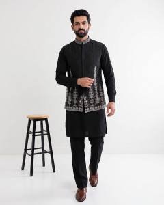Elevate your traditional look with this premium Black Jamawar Waistcoat, expertly crafted from high-quality Jamawar fabric.