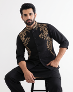 Black Tropical Fabric Handmade Embroidered Waistcoat Best Premium 2026 Collection(W-24) - Image 4