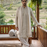 Men’s ivory PK silk kurta pajama with elegant digital thread embroidery for weddings and festive occasions.