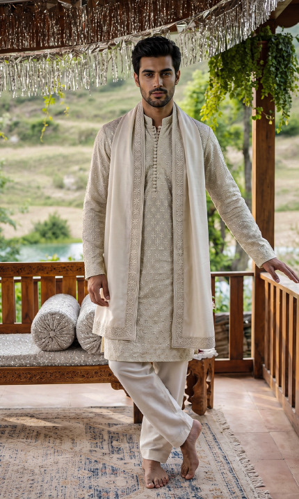 Men’s ivory PK silk kurta pajama with elegant digital thread embroidery for weddings and festive occasions.