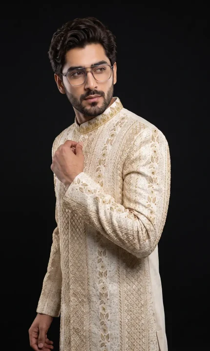 Skin Digital Thread Embroidered Sherwani with Handmade Embroidery for Men
