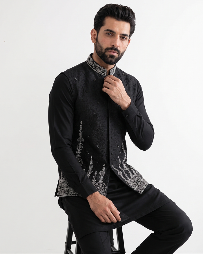 Black Jamawar Waistcoat – Luxury Handmade Embroidered Men's Waistcoat(W-23) - Image 2