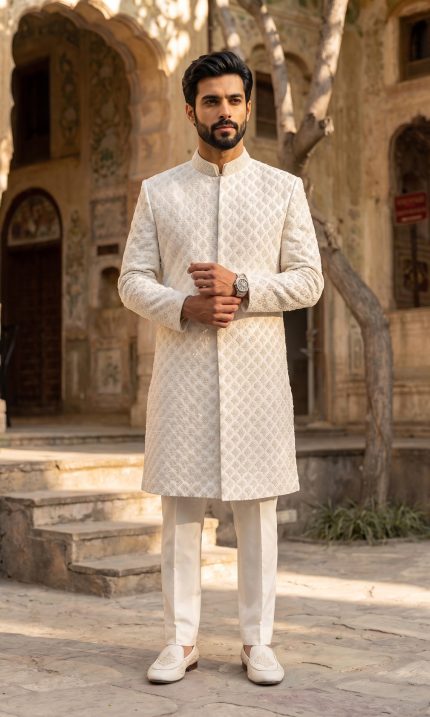 Off-white handmade embroidered groom sherwani with floral detailing and band collar.