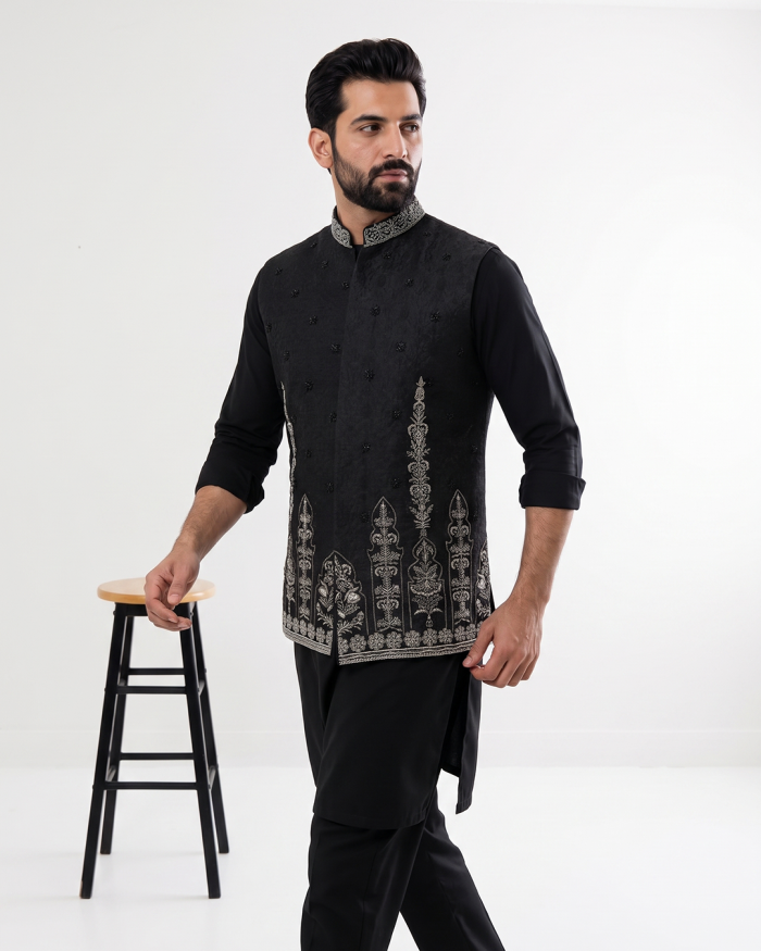 Black Jamawar Waistcoat – Luxury Handmade Embroidered Men's Waistcoat(W-23) - Image 3
