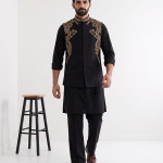 Black Tropical Fabric Handmade Embroidered Waistcoat Premium Luxury Collection