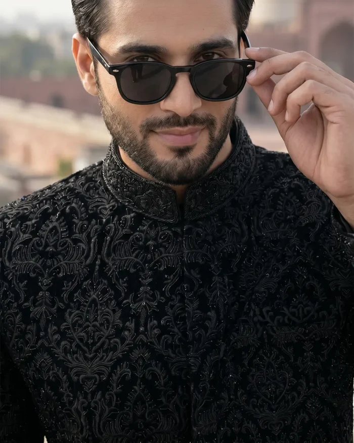 Velvet Sherwani Luxury Black Handmade Embroidered Wedding Wear(S-02) - Image 4