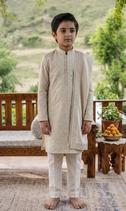 Boy wearing an elegant ivory embroidered Korean silk kurta pajama on a wooden terrace.