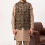 Boys wearing a brown embroidered waistcoat with beige Wash & Wear kurta pajama for weddings and festive occasions.