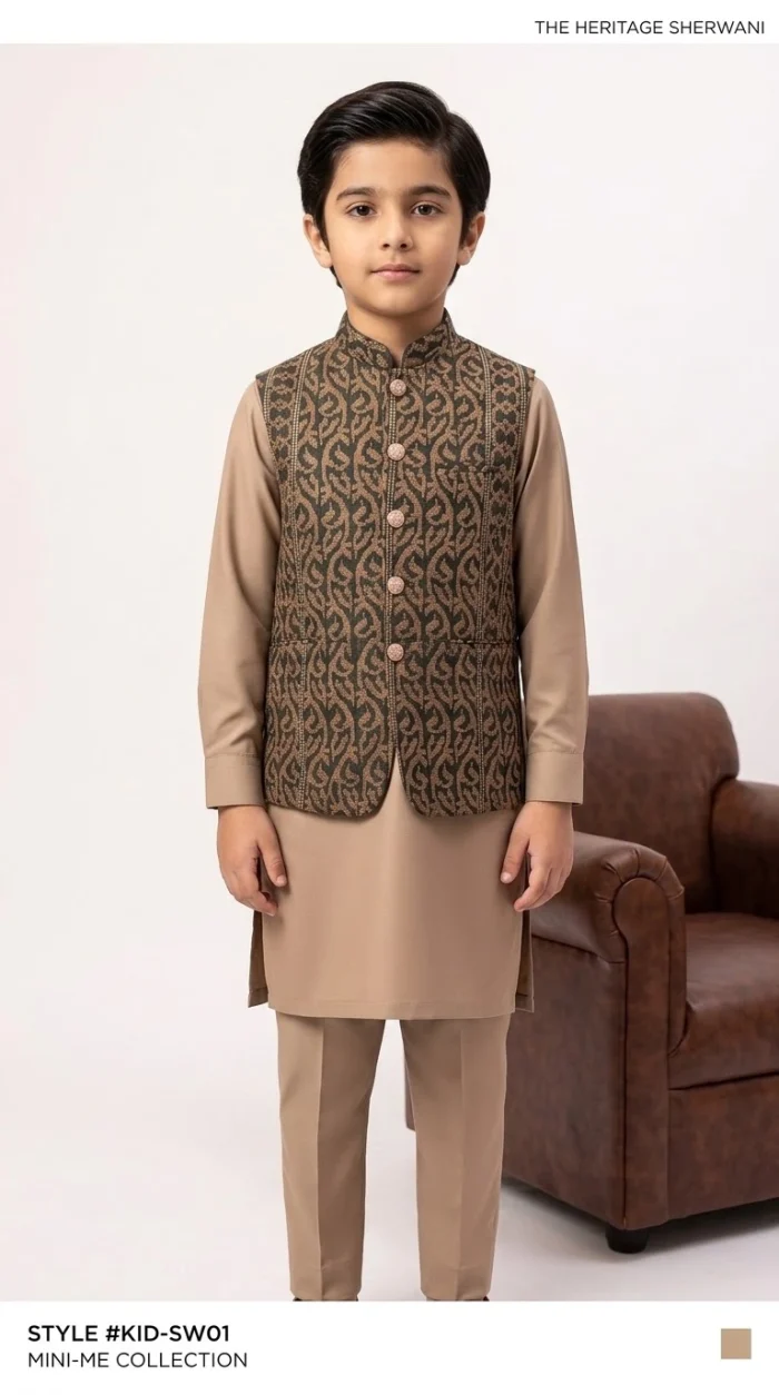 Boys wearing a brown embroidered waistcoat with beige Wash & Wear kurta pajama for weddings and festive occasions.