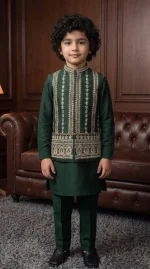 Boys Green Embroidered Waistcoat Stunning 2026 Bottle Green Silk Design - Image 2