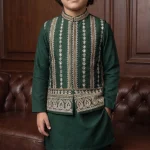 Boys Green Embroidered Waistcoat in bottle green silk with single-hand machine embroidery