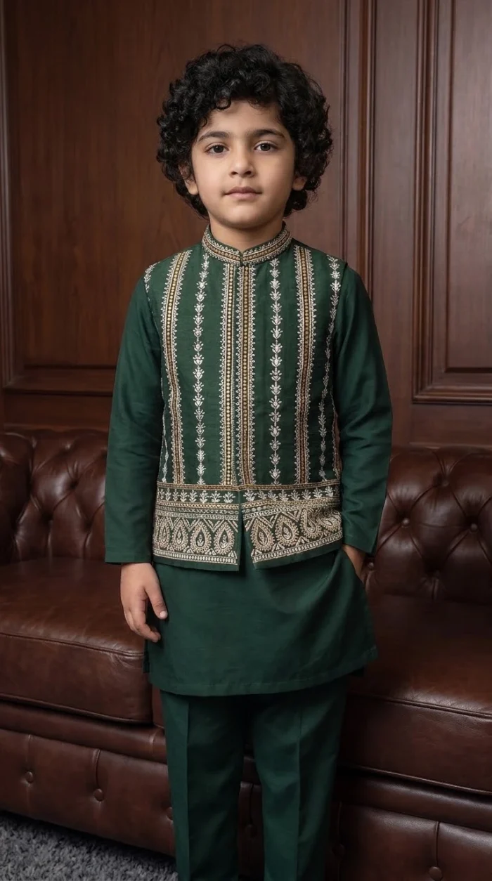 Boys Green Embroidered Waistcoat in bottle green silk with single-hand machine embroidery
