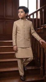Boys Embroidered Prince Coat with golden beige kurta pajama for wedding