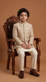 Kids Prince Coat Stunning 3-Piece Embroidered Raw Silk Wedding Outfit - Image 3