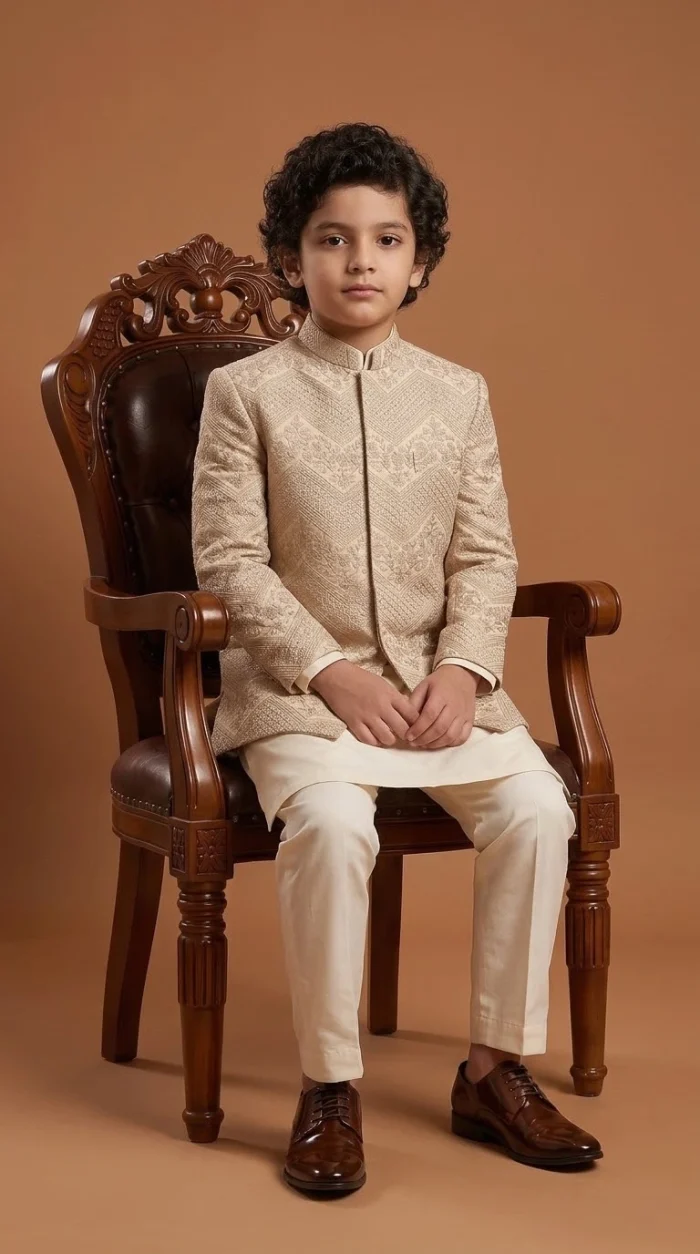 Kids Prince Coat Stunning 3-Piece Embroidered Raw Silk Wedding Outfit - Image 3