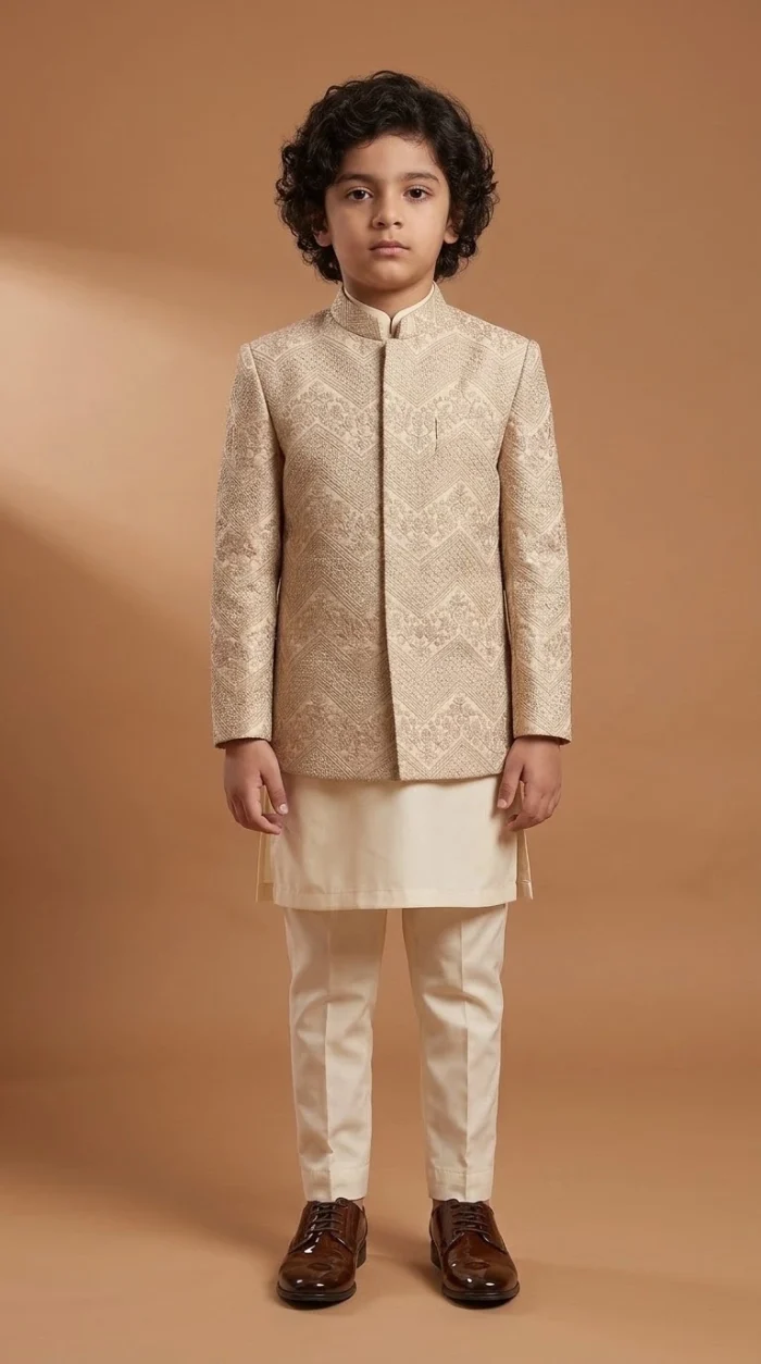 Kids Prince Coat in champagne beige with elegant embroidery, hidden buttons, and ivory raw silk kurta pajama for boys’ wedding wear.