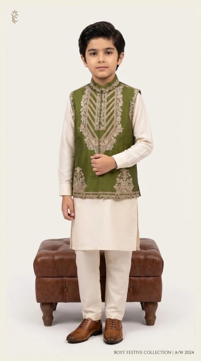 Boys embroidered waistcoat in olive green raw silk with elegant single-hand machine embroidery.
