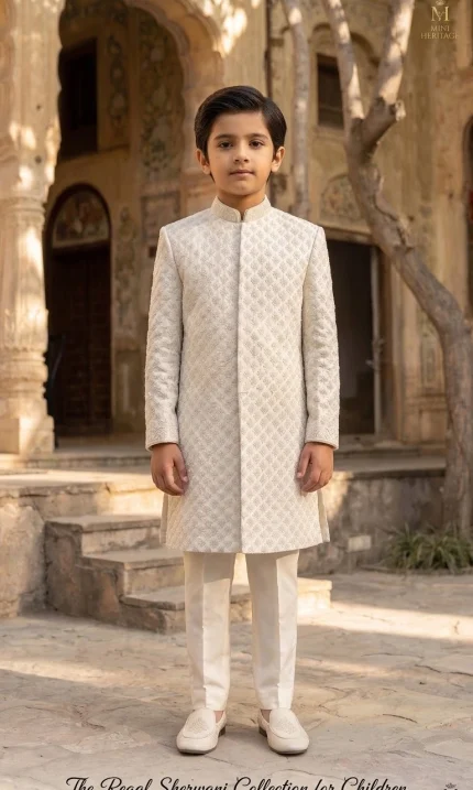 Young boy wearing an off-white plain silk sherwani with elegant digital thread embroidery and matching trousers.