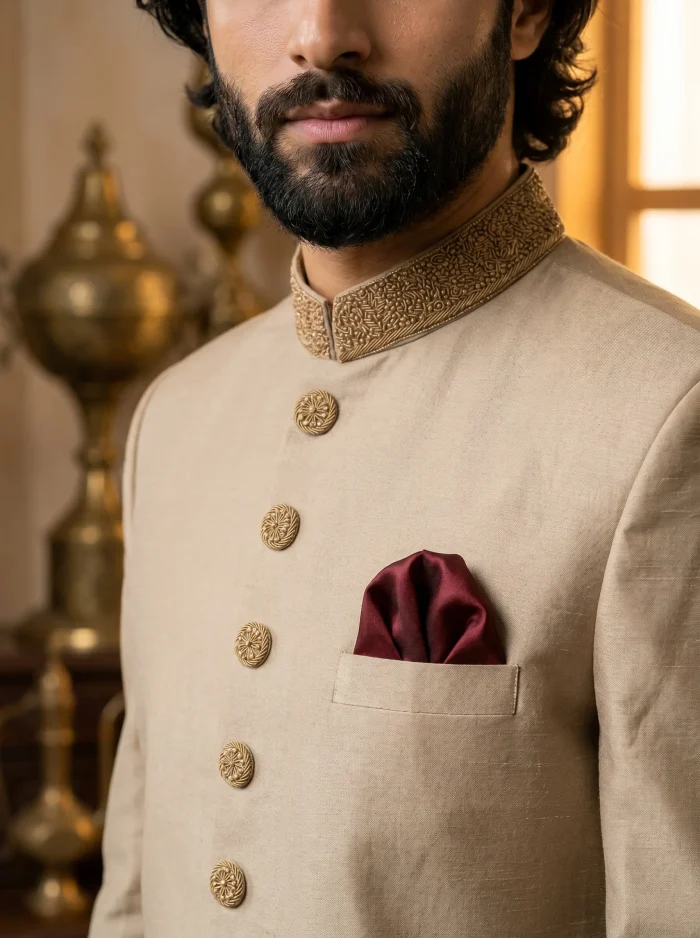 Champagne Gold Silk Sherwani with Handmade Embroidery for Men