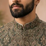 Green Jamawar Waistcoat with handmade embroidery and self-print fabric