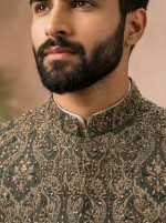 Green Jamawar Waistcoat with handmade embroidery and self-print fabric