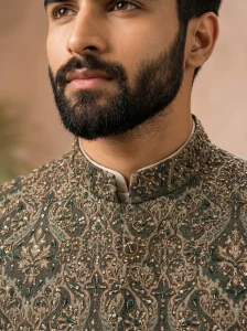 Green Jamawar Waistcoat with handmade embroidery and self-print fabric