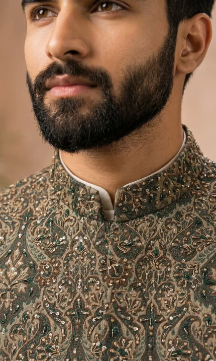 Green Jamawar Waistcoat with handmade embroidery and self-print fabric