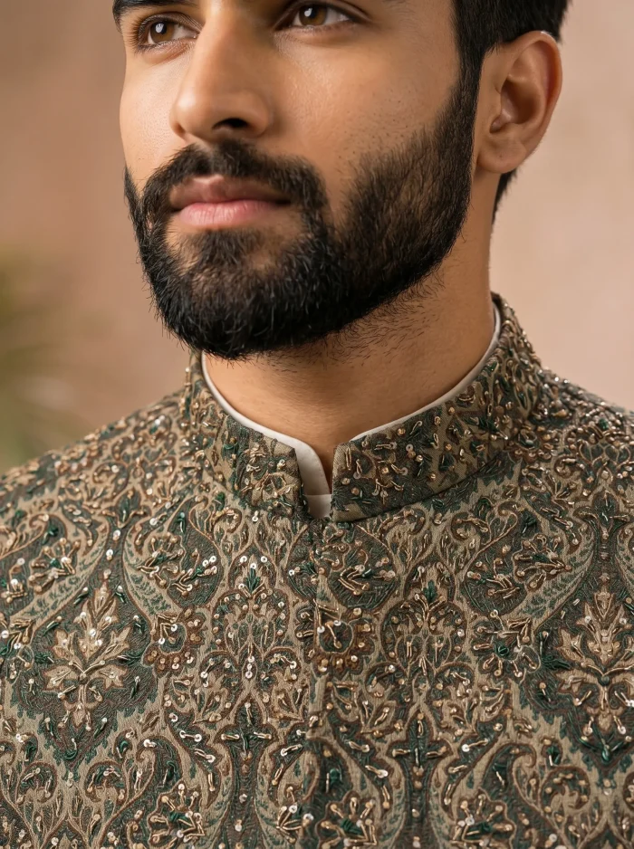 Green Jamawar Waistcoat with handmade embroidery and self-print fabric