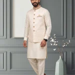 Men's off white Jamawar waistcoat with handmade golden embroidery, paired with traditional kurta pajama.