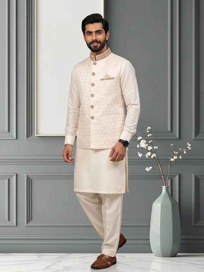 Jamawar Waistcoat Premium Handmade Embroidered Men’s Waistcoat Men's off white Jamawar waistcoat with handmade golden embroidery, paired with traditional kurta pajama.