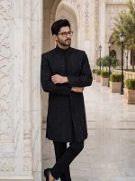 Black Handmade Sherwani with Digital Thread Embroidery