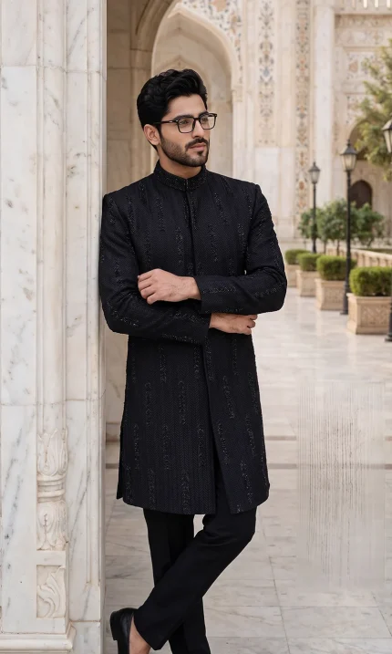 Black Handmade Sherwani with Digital Thread Embroidery